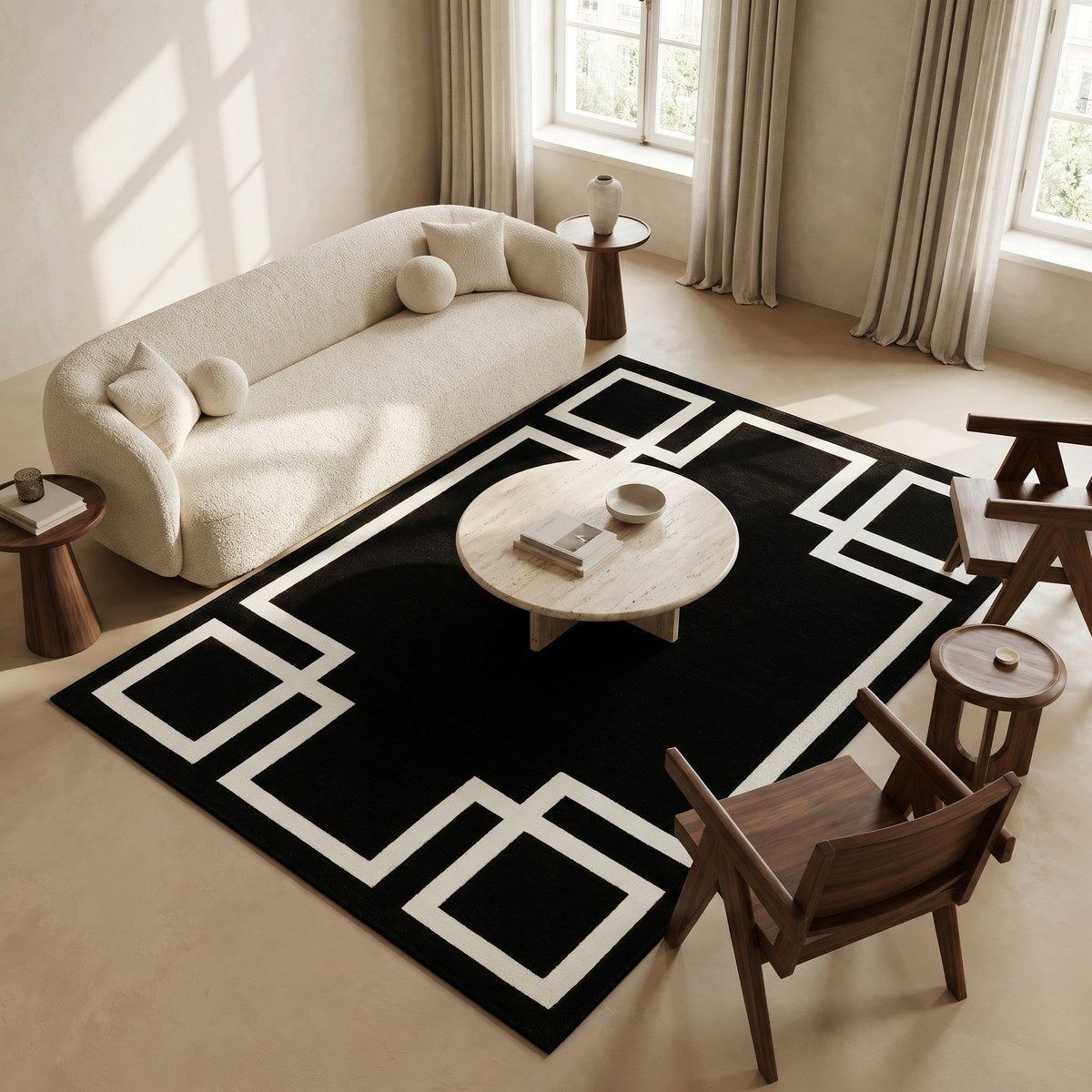 Tapis lavable art déco noir - Mantova - ambiance salon 1