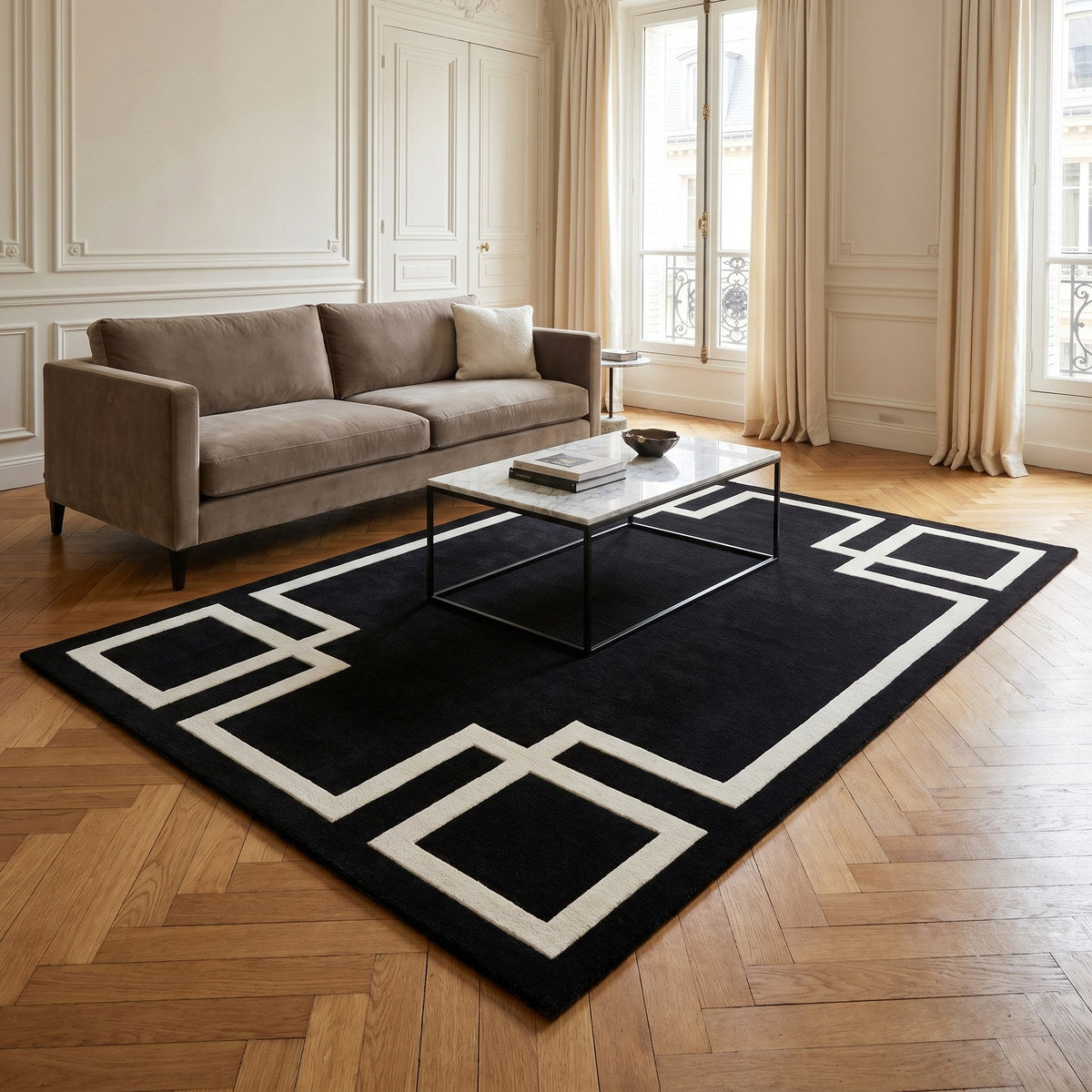 Tapis lavable art déco noir - Mantova - ambiance salon 3