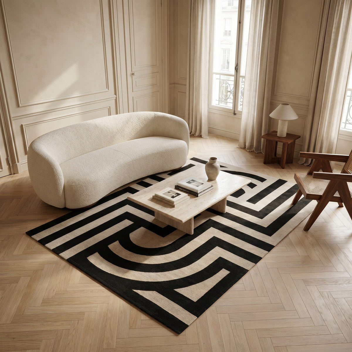 Tapis lavable art déco noir - Teramo - ambiance salon 1