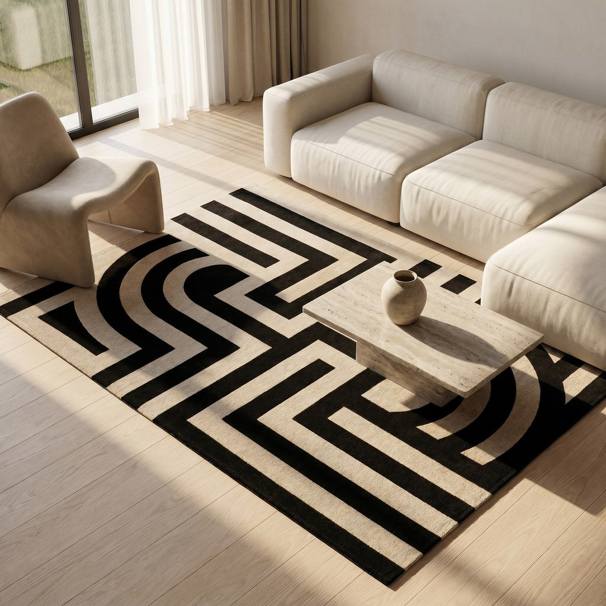 Tapis lavable art déco noir - Teramo - ambiance salon 2