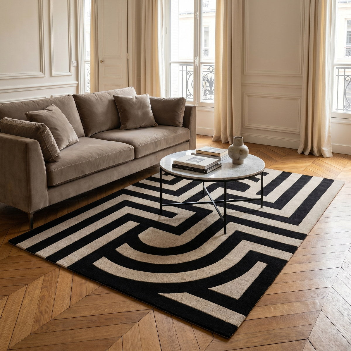 Tapis lavable art déco noir - Teramo - ambiance salon 3