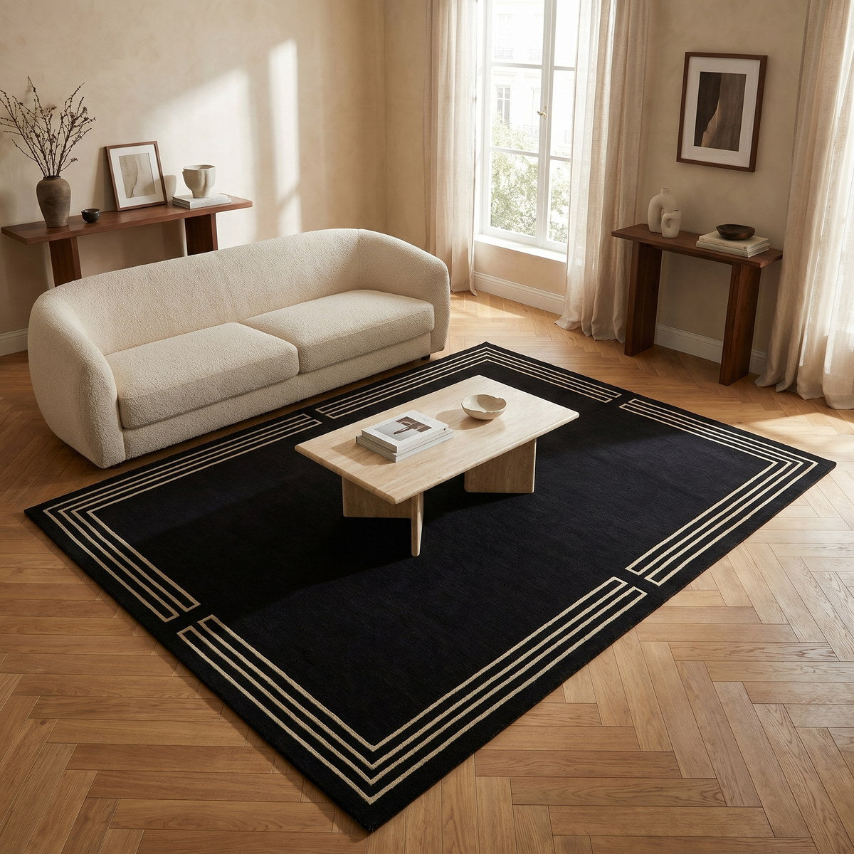 Tapis lavable art déco noir - Positano - ambiance salon 1
