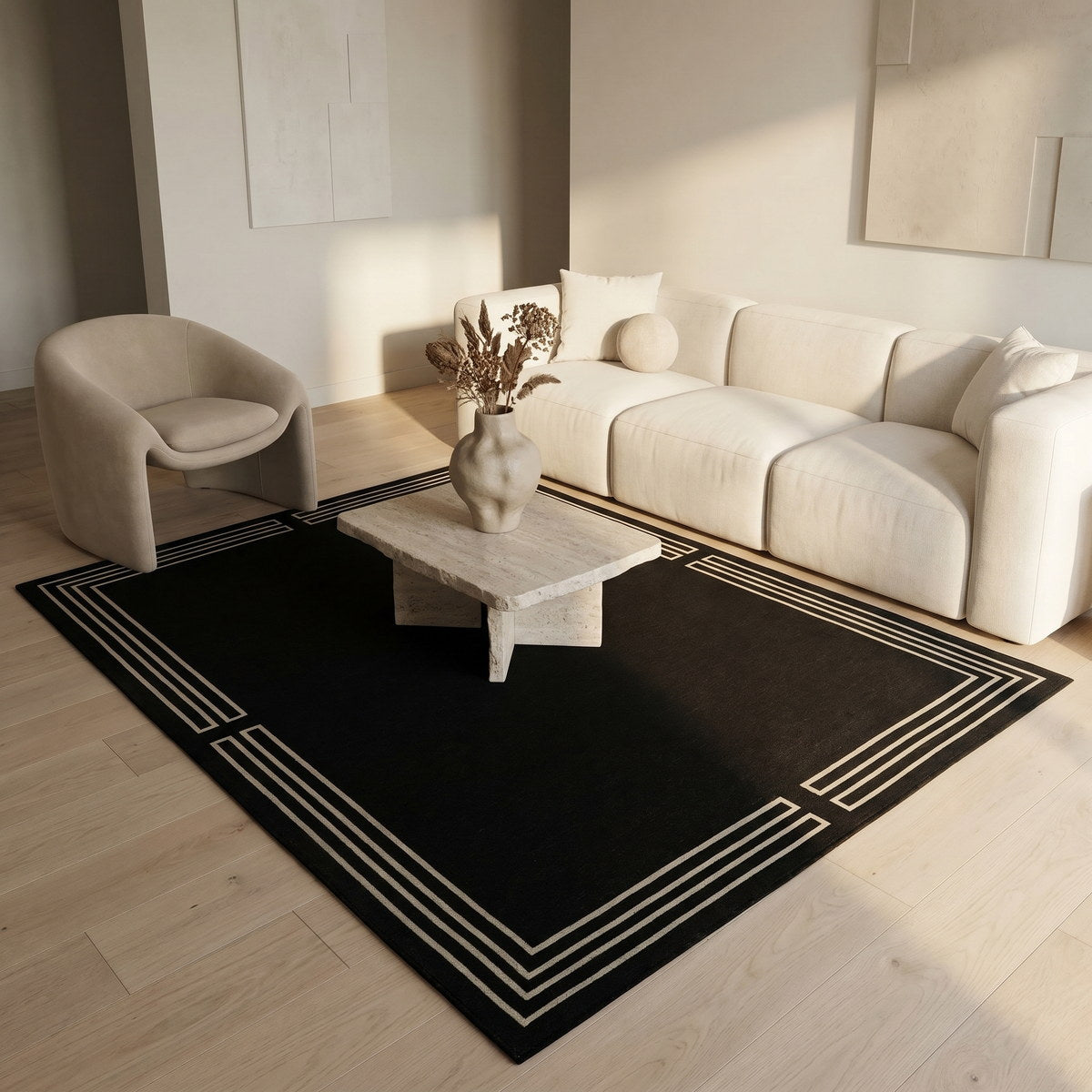 Tapis lavable art déco noir - Positano - ambiance salon 2