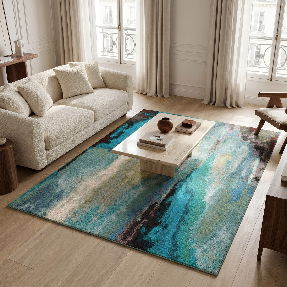 Tapis lavable de salon aqua - Cremona - ambiance salon 1