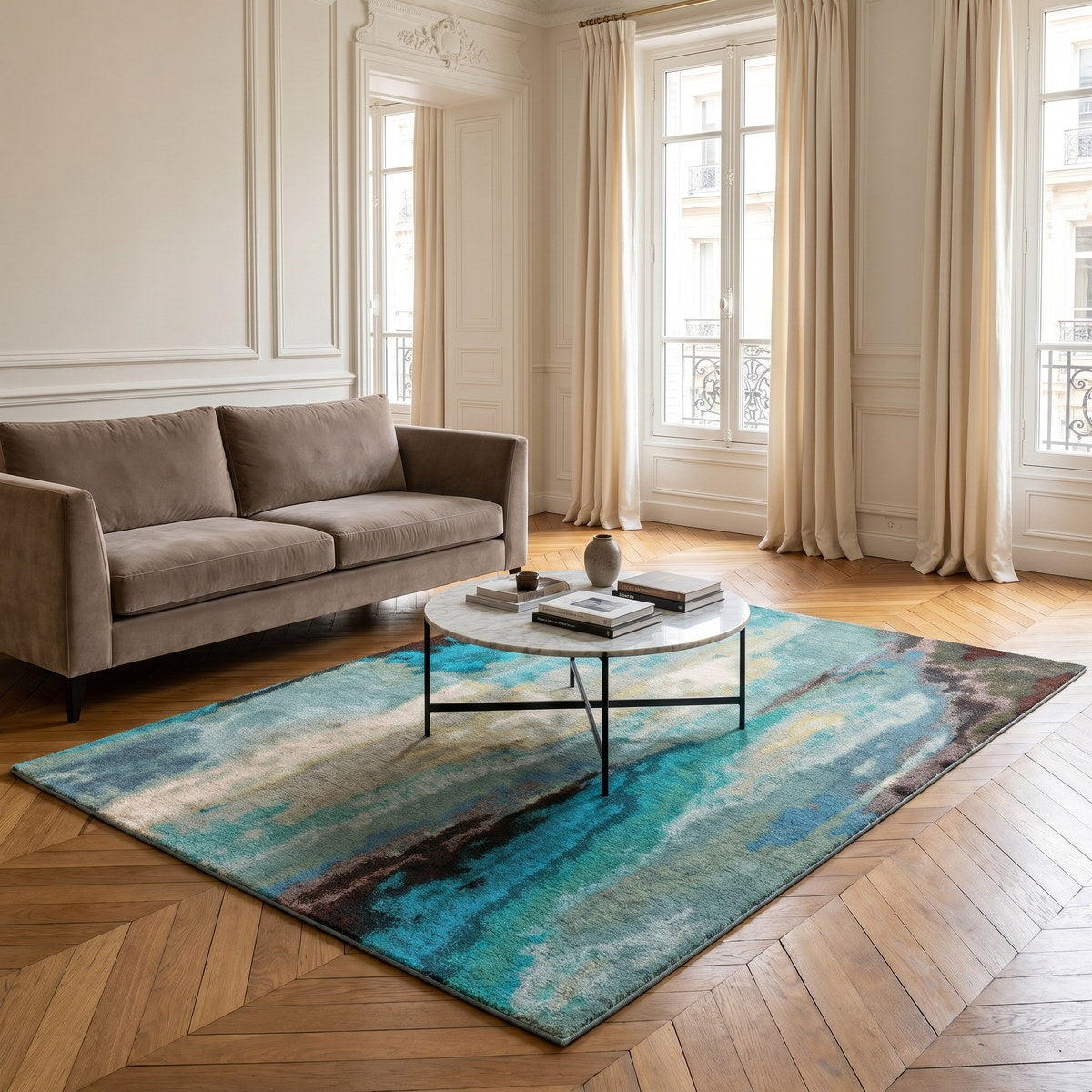 Tapis lavable de salon aqua - Cremona - ambiance salon 3