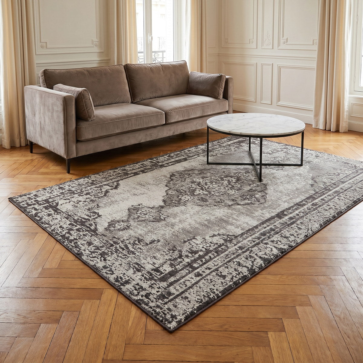 Tapis lavable de salon argenté - Celestia - ambiance salon 3