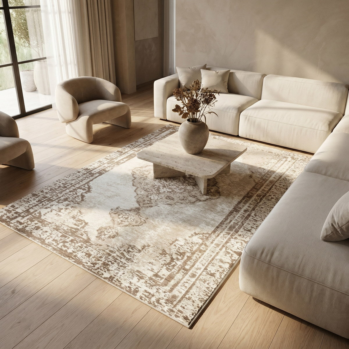 Tapis lavable de salon beige crème - Allegra - ambiance salon 2
