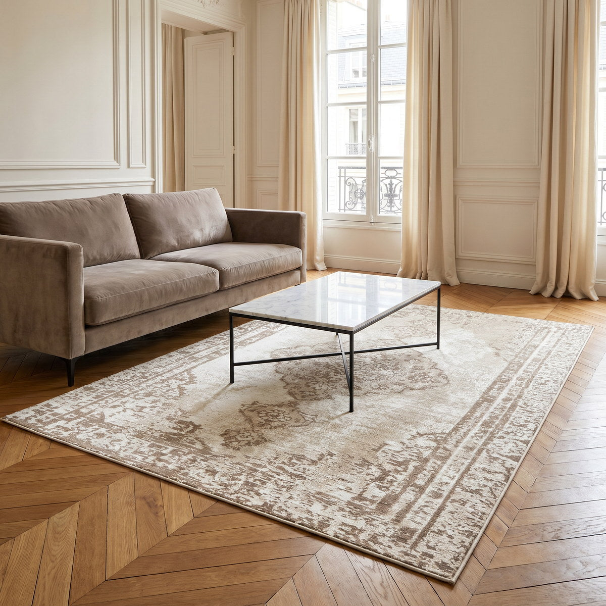 Tapis lavable de salon beige crème - Allegra - ambiance salon 3