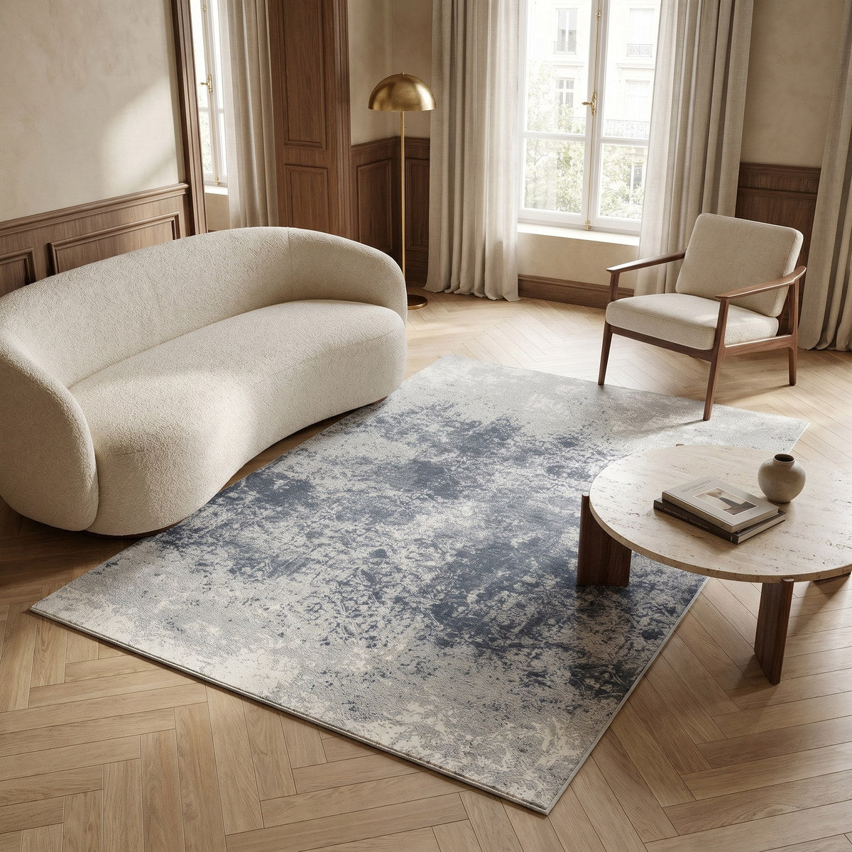 Tapis lavable de salon bleu gris - Ravenna - ambiance salon 1