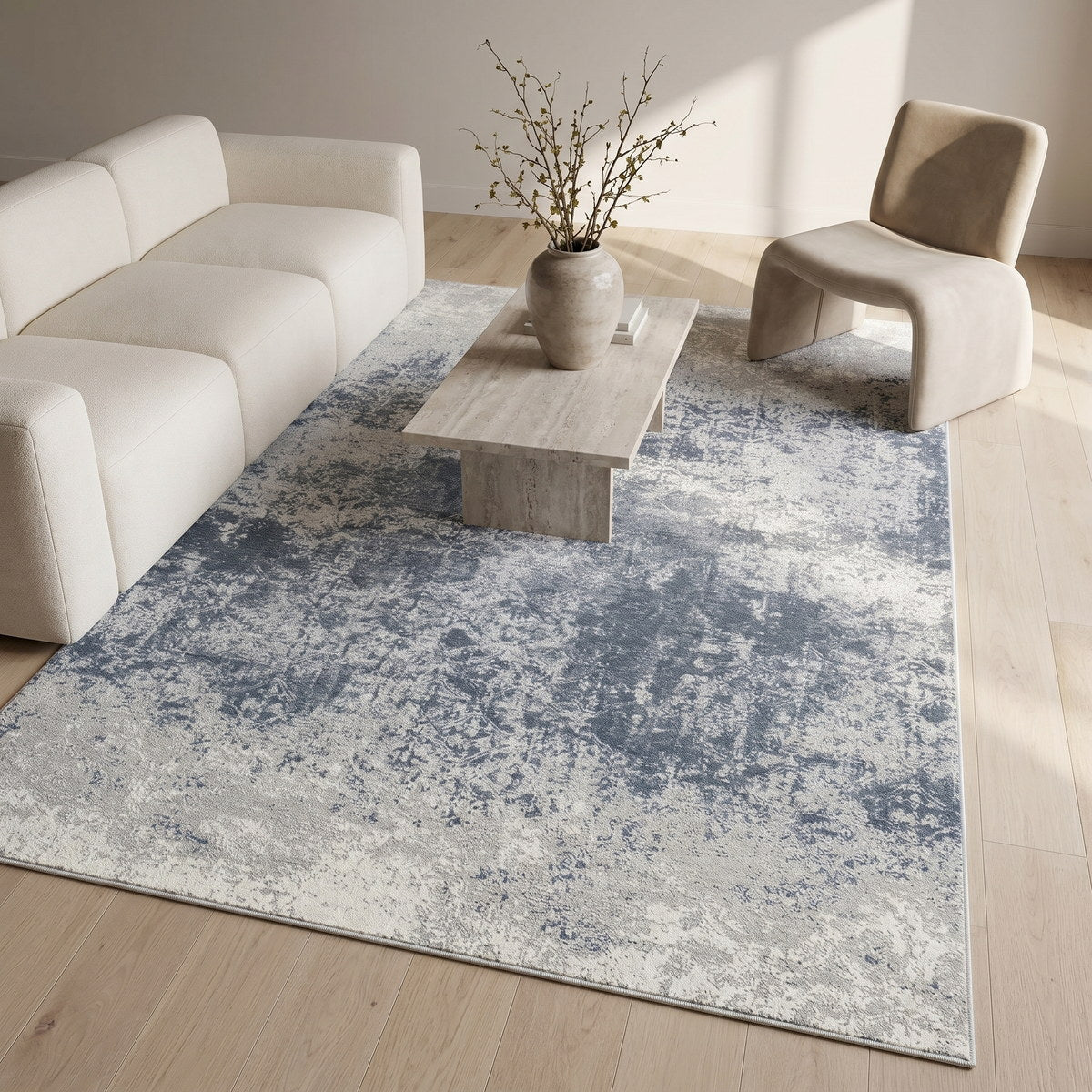 Tapis lavable de salon bleu gris - Ravenna - ambiance salon 2