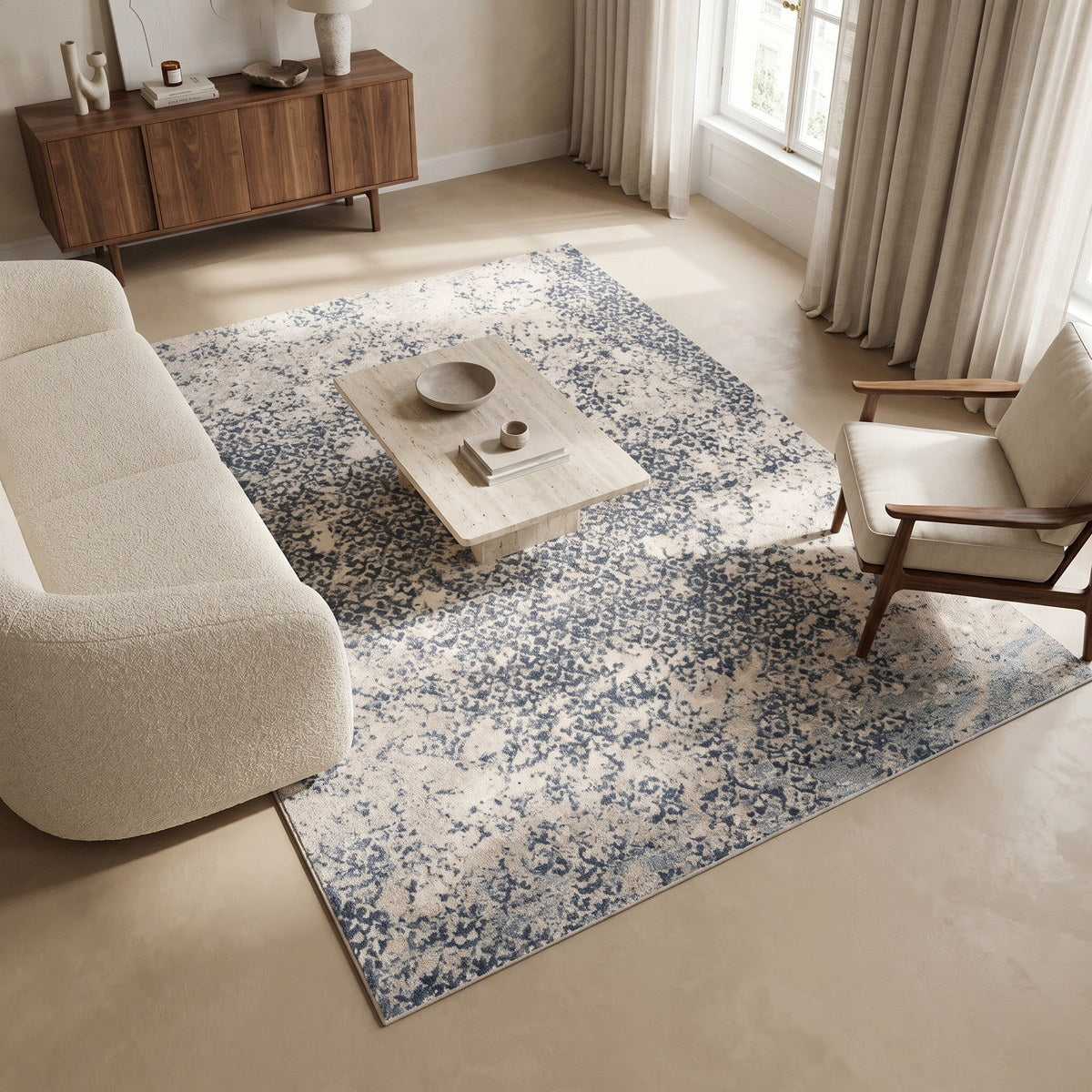 Tapis lavable de salon bleu - Urbino - ambiance salon 1