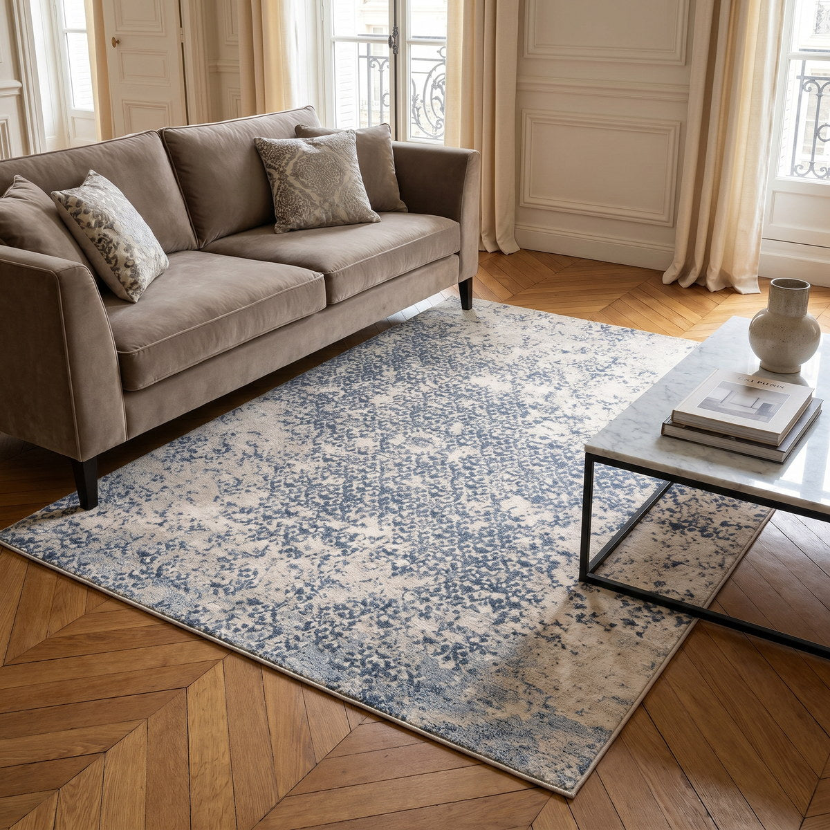 Tapis lavable de salon bleu - Urbino - ambiance salon 3