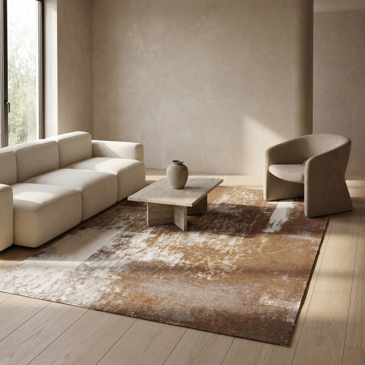 Tapis lavable de salon cuivré - Matera - ambiance salon 2