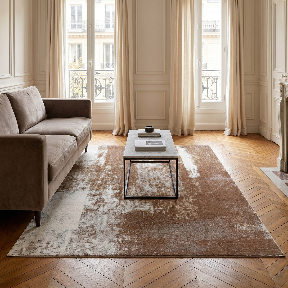 Tapis lavable de salon cuivré - Matera - ambiance salon 3