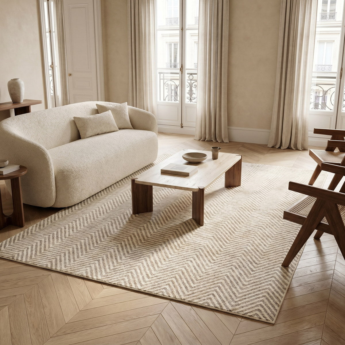 Tapis lavable de salon froid beige - Fiamma - ambiance salon 1