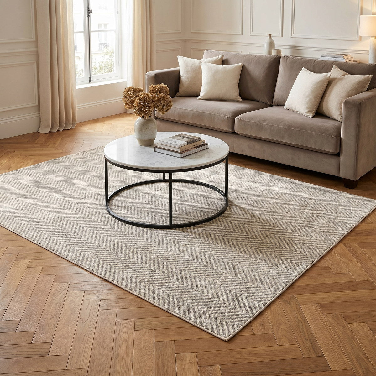 Tapis lavable de salon froid beige - Fiamma - ambiance salon 3