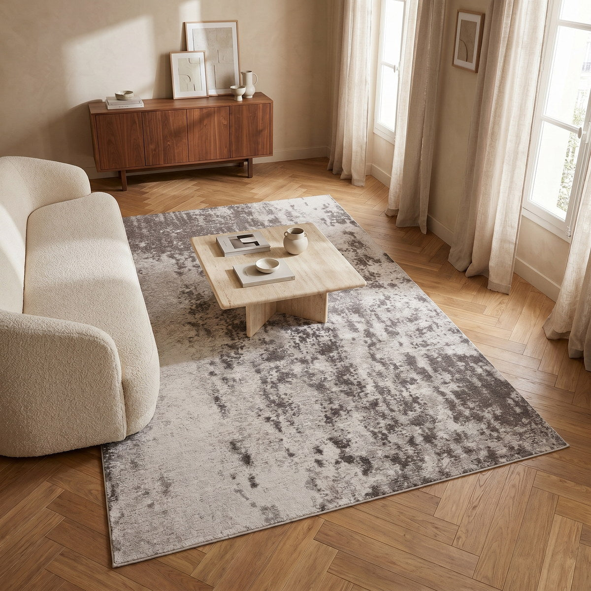 Tapis lavable de salon gris - Lago - ambiance salon 1