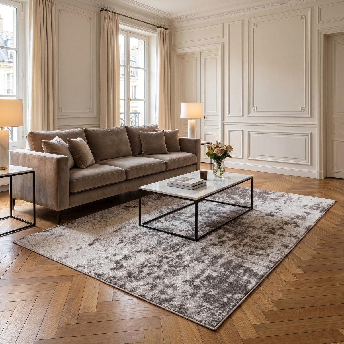 Tapis lavable de salon gris - Lago - ambiance salon 3