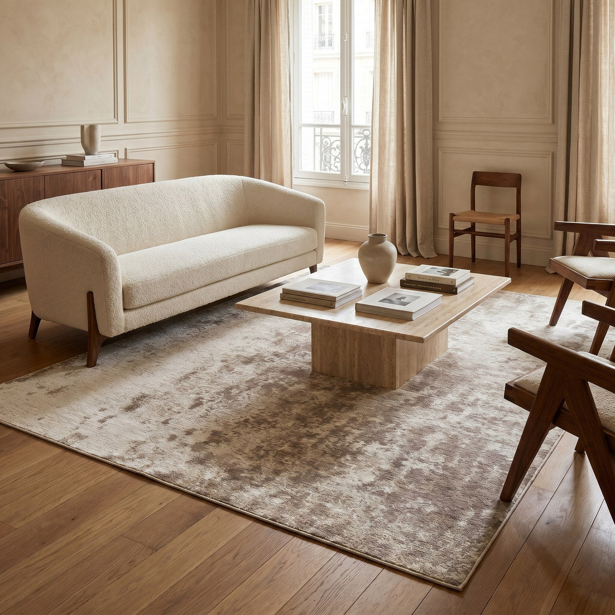 Tapis lavable de salon taupe - Marmo - ambiance salon 1
