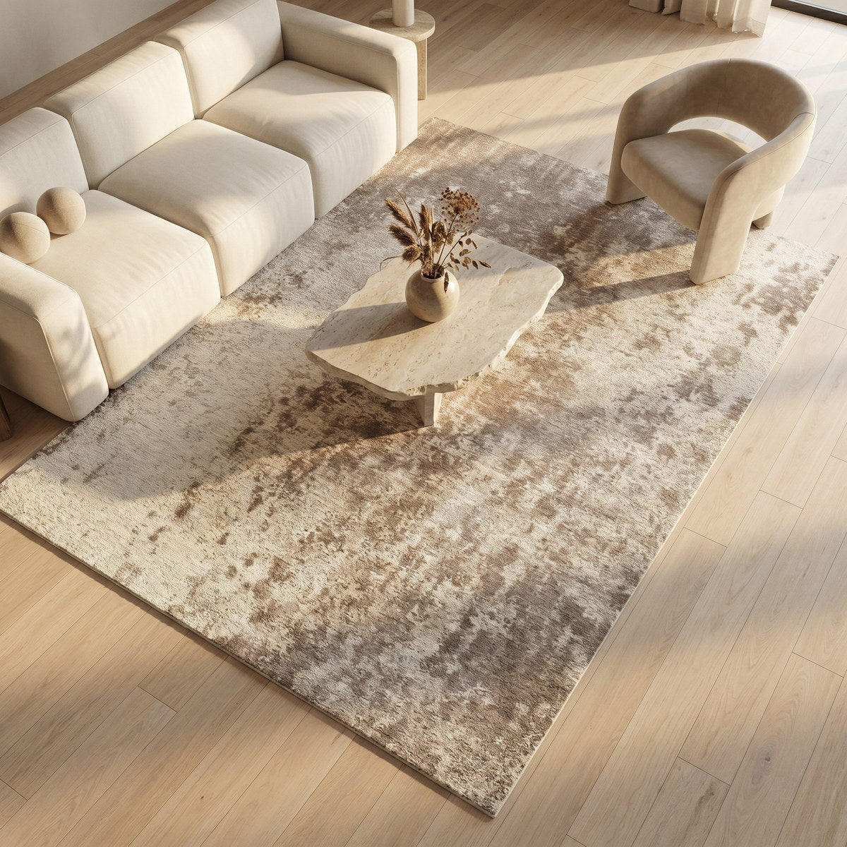 Tapis lavable de salon taupe - Marmo - ambiance salon 2