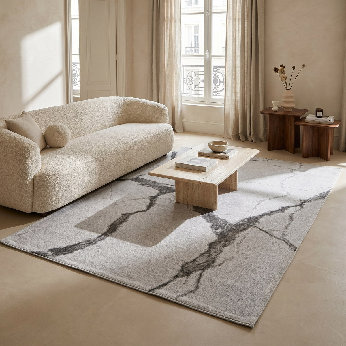Tapis lavable effet pierre gris clair - Bergamo - ambiance salon 1