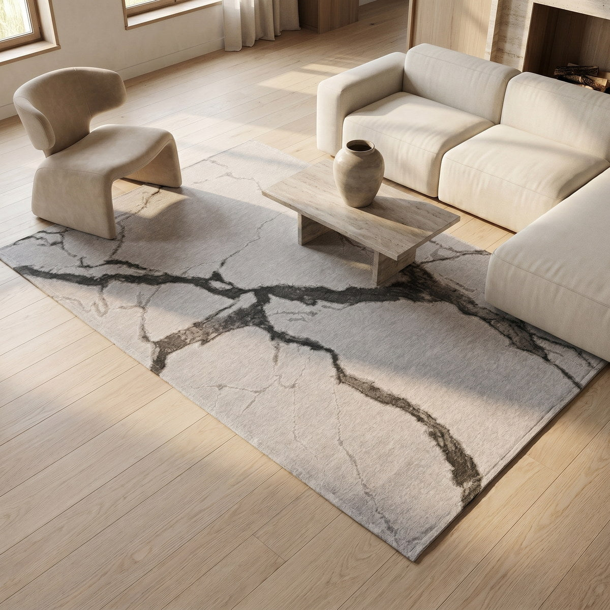 Tapis lavable effet pierre gris clair - Bergamo - ambiance salon 2