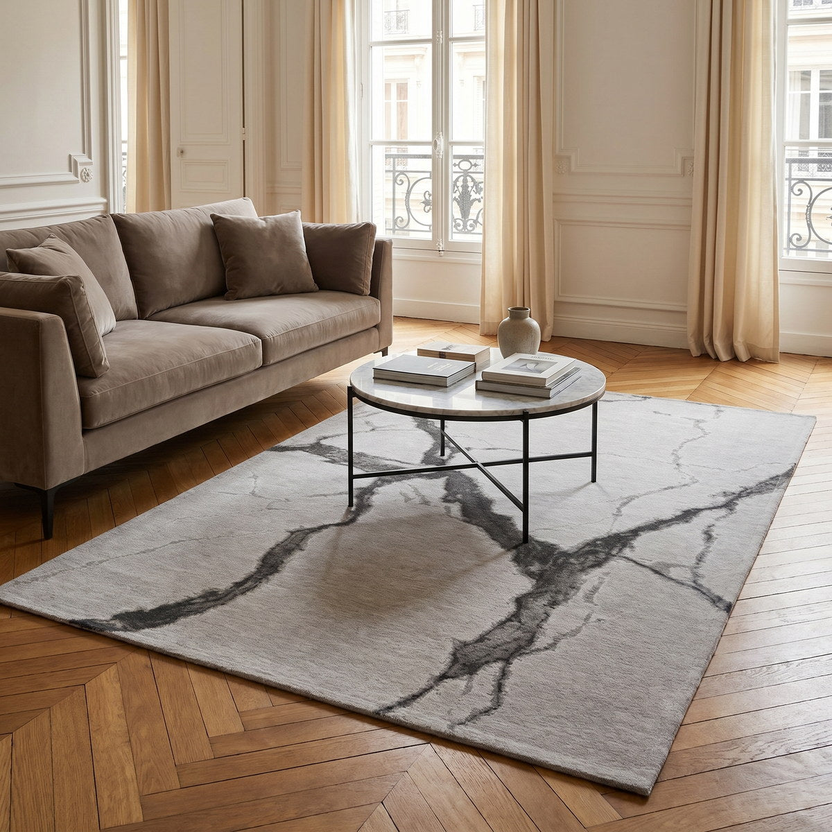 Tapis lavable effet pierre gris clair - Bergamo - ambiance salon 3