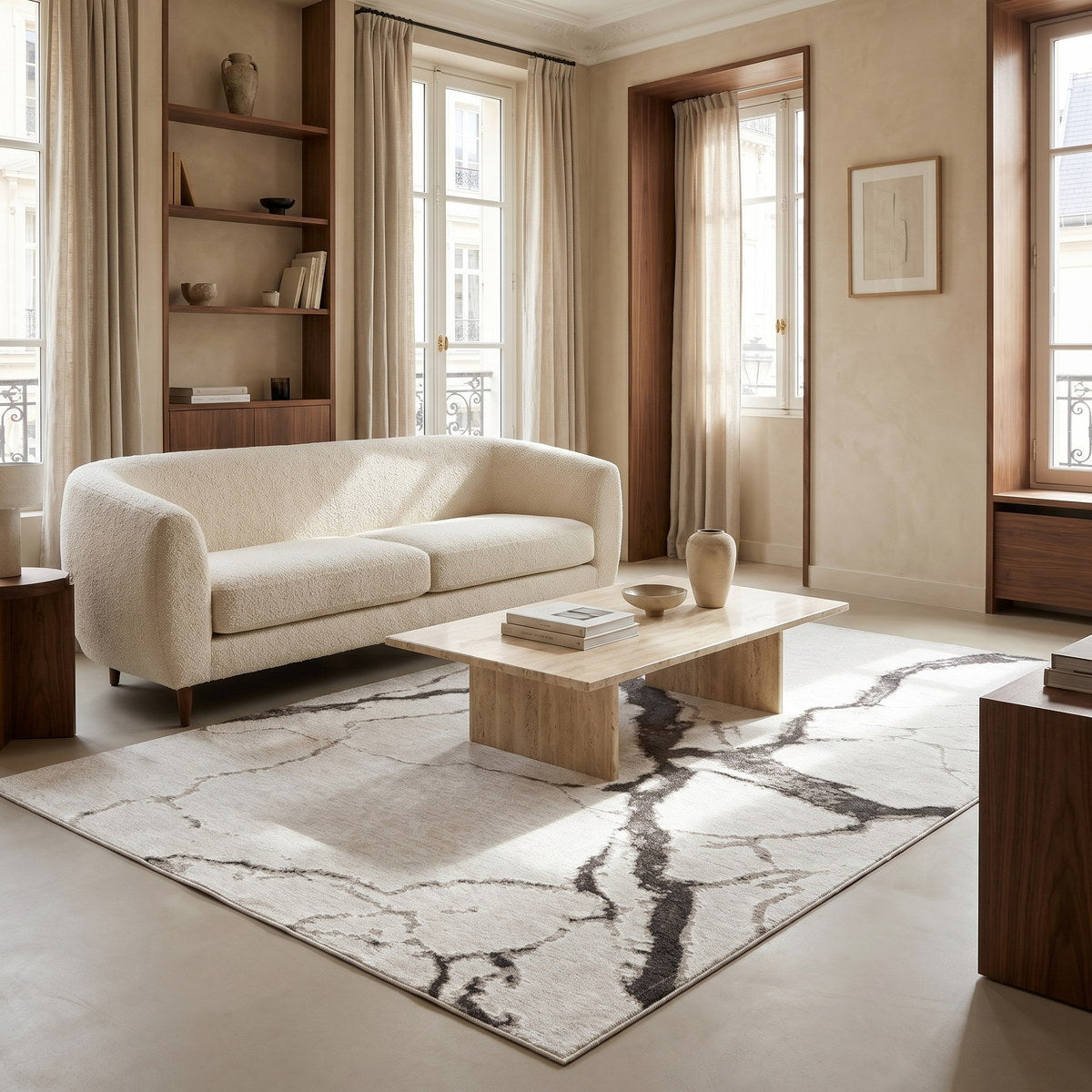 Tapis lavable effet pierre ivoire - Arezzo - ambiance salon 1