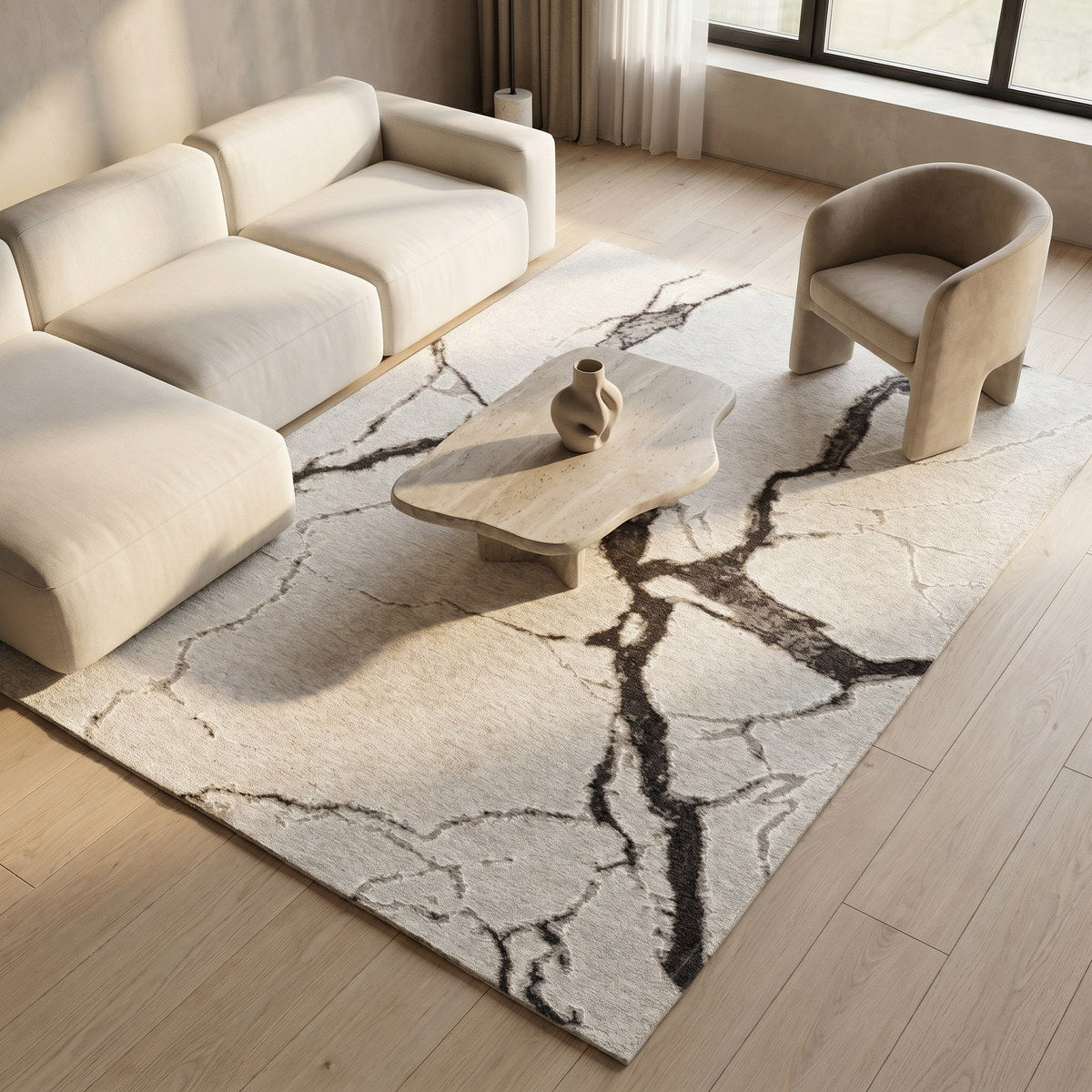 Tapis lavable effet pierre ivoire - Arezzo - ambiance salon 2