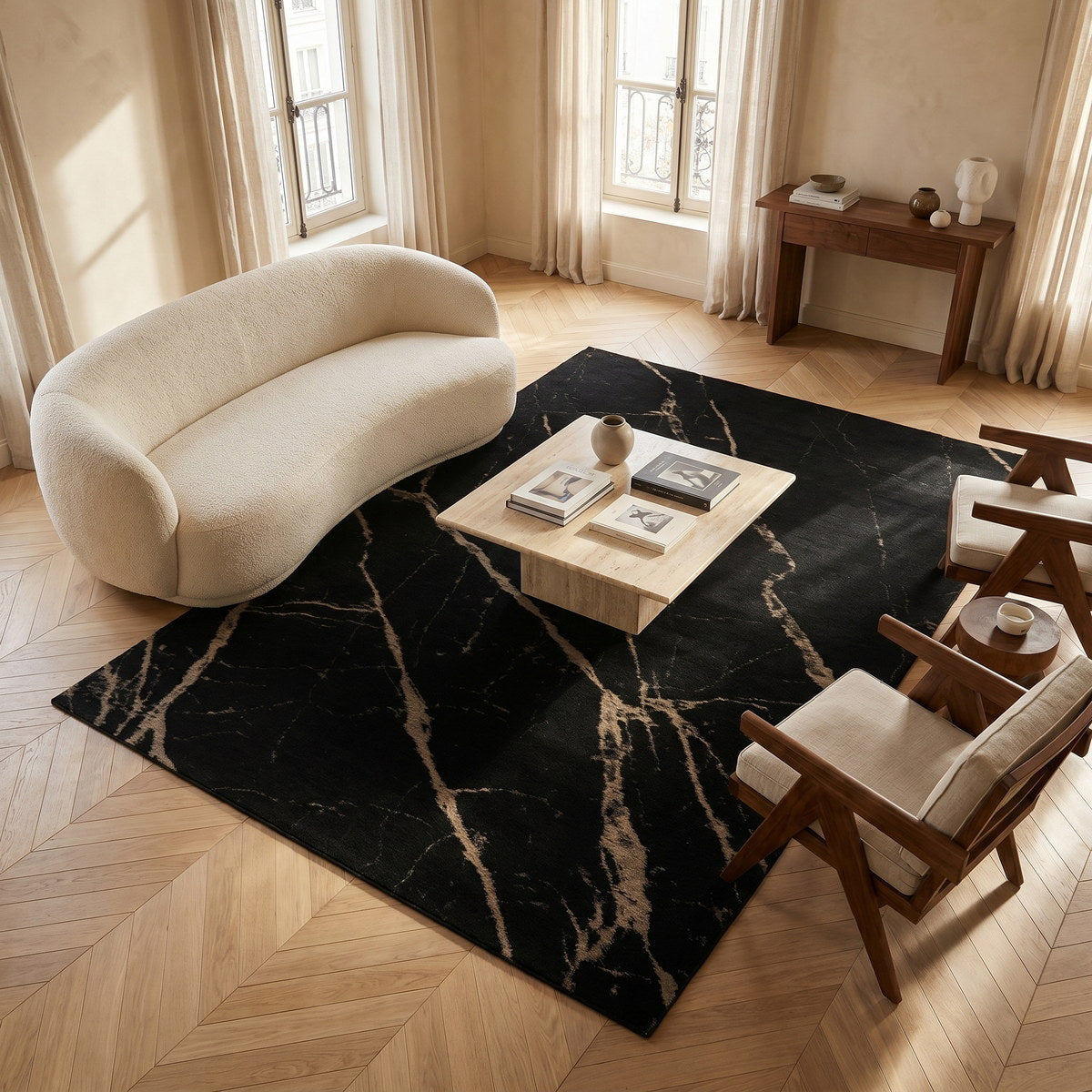 Tapis lavable effet pierre noir - Cortona - ambiance salon 1