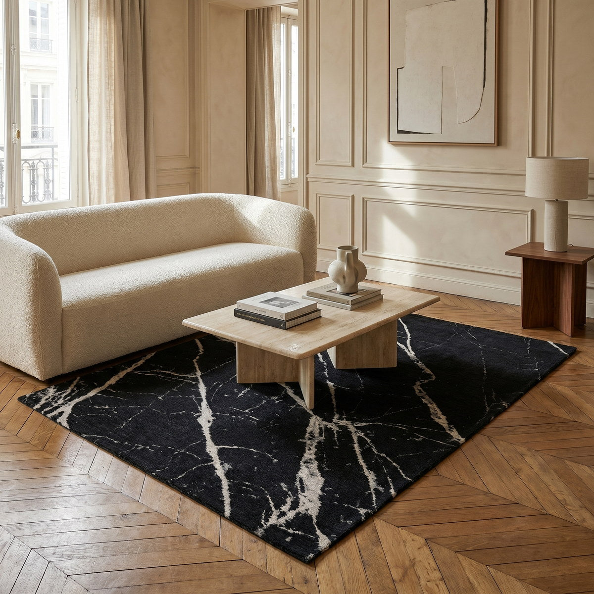 Tapis lavable effet pierre noir - Lecce - ambiance salon 1