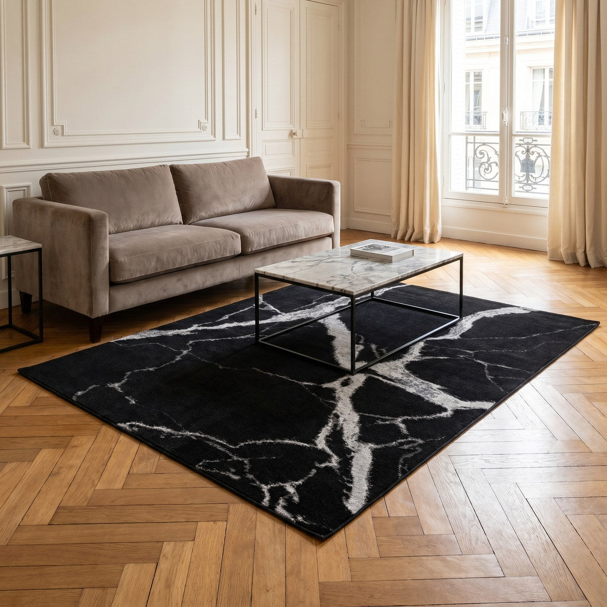 Tapis lavable effet pierre noir - Zarossa - ambiance salon 3
