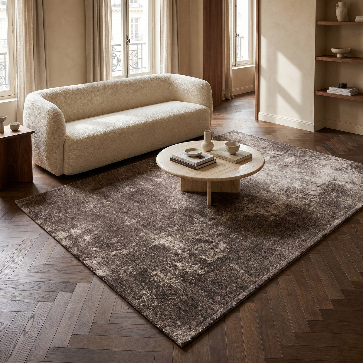 Tapis lavable effet pierre taupe - Viterbo - ambiance salon 1
