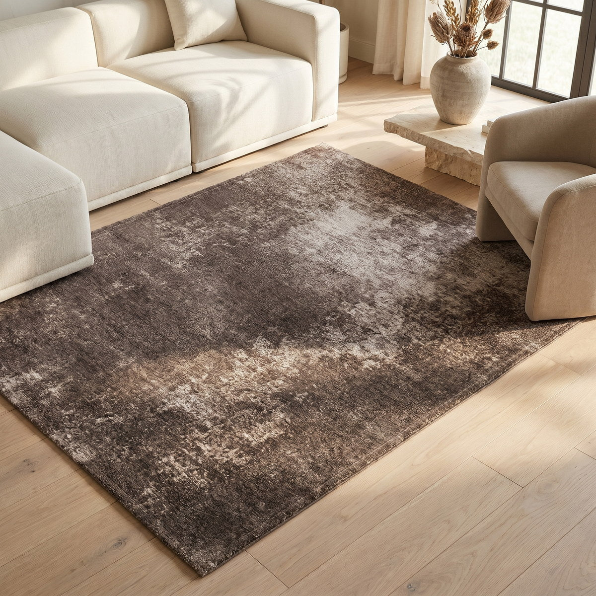 Tapis lavable effet pierre taupe - Viterbo - ambiance salon 2