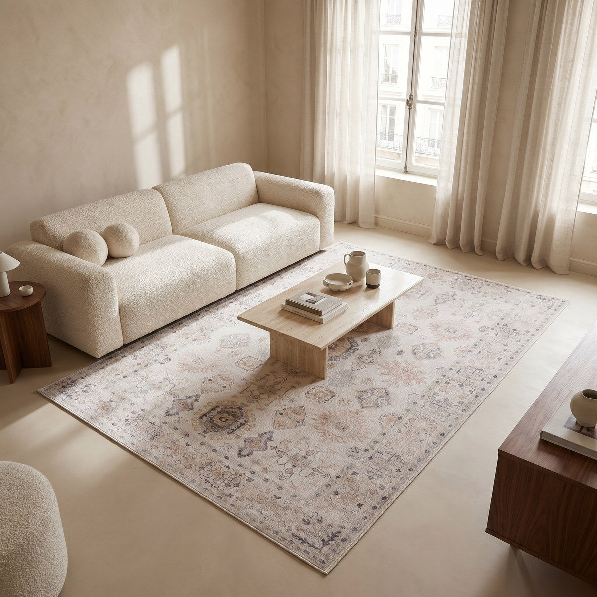 Tapis lavable vintage beige - Luciana - ambiance salon 1