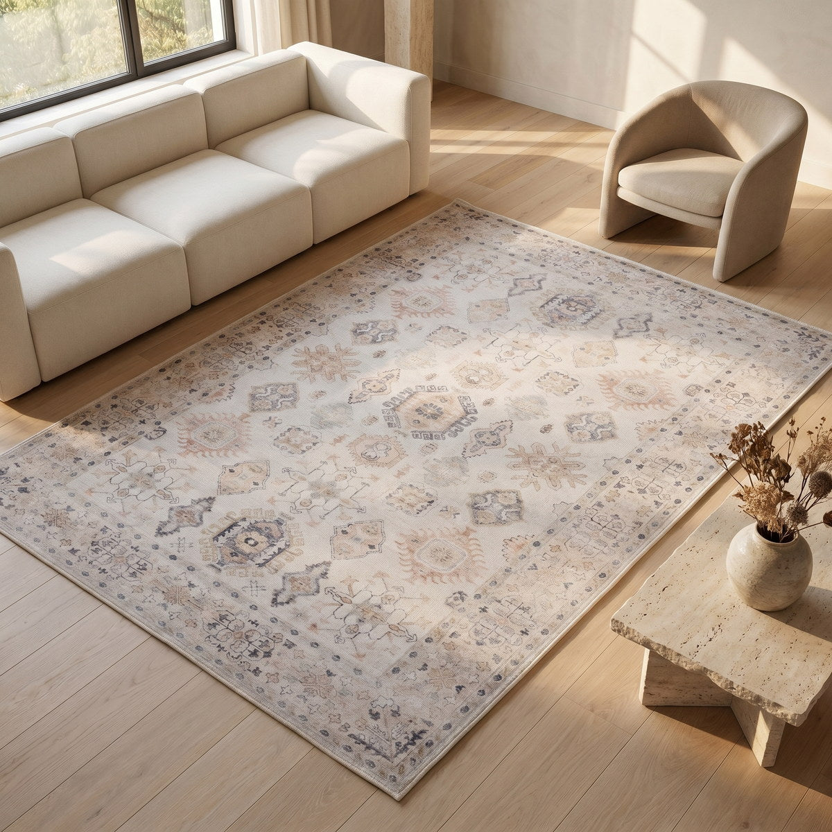 Tapis lavable vintage beige - Luciana - ambiance salon 2