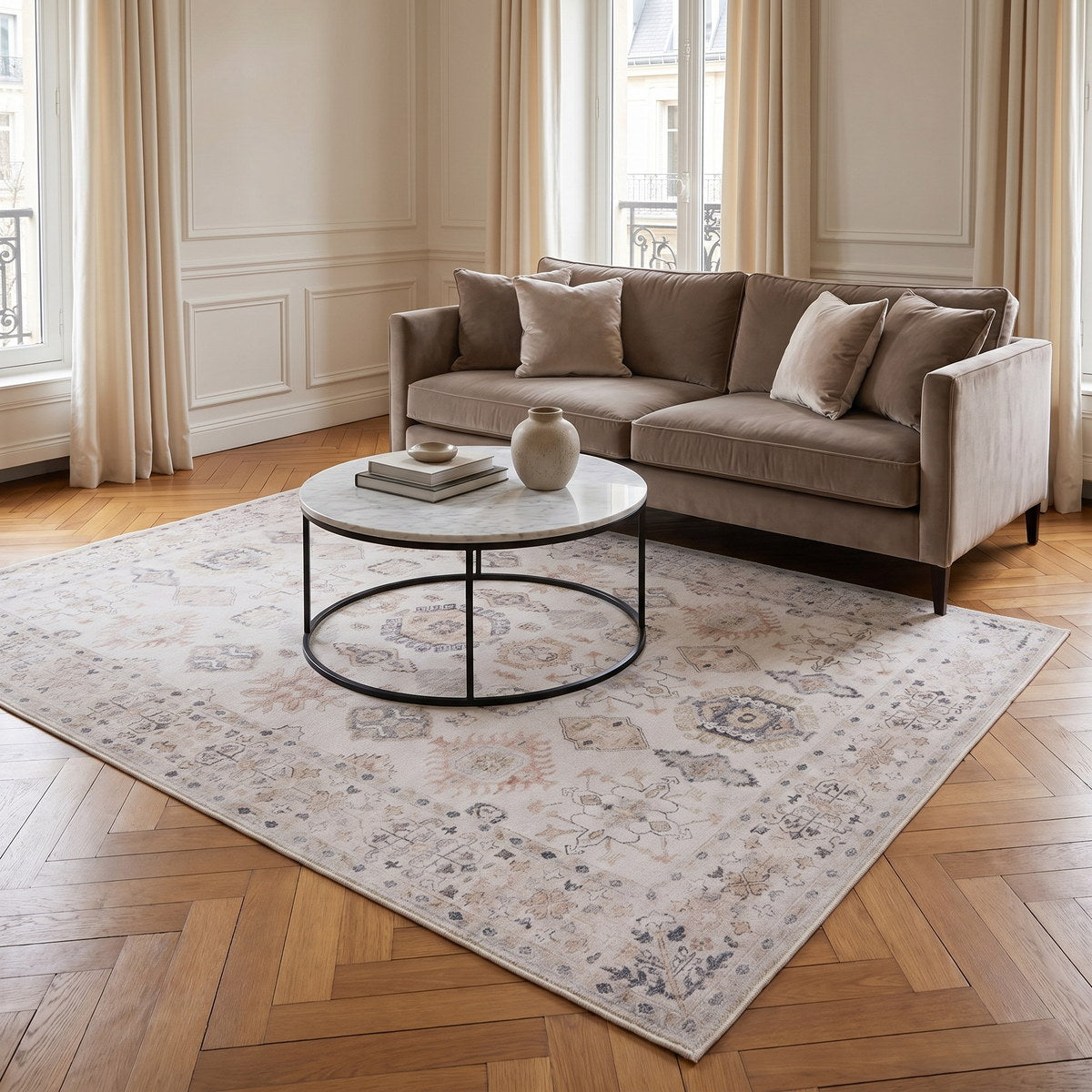 Tapis lavable vintage beige - Luciana - ambiance salon 3