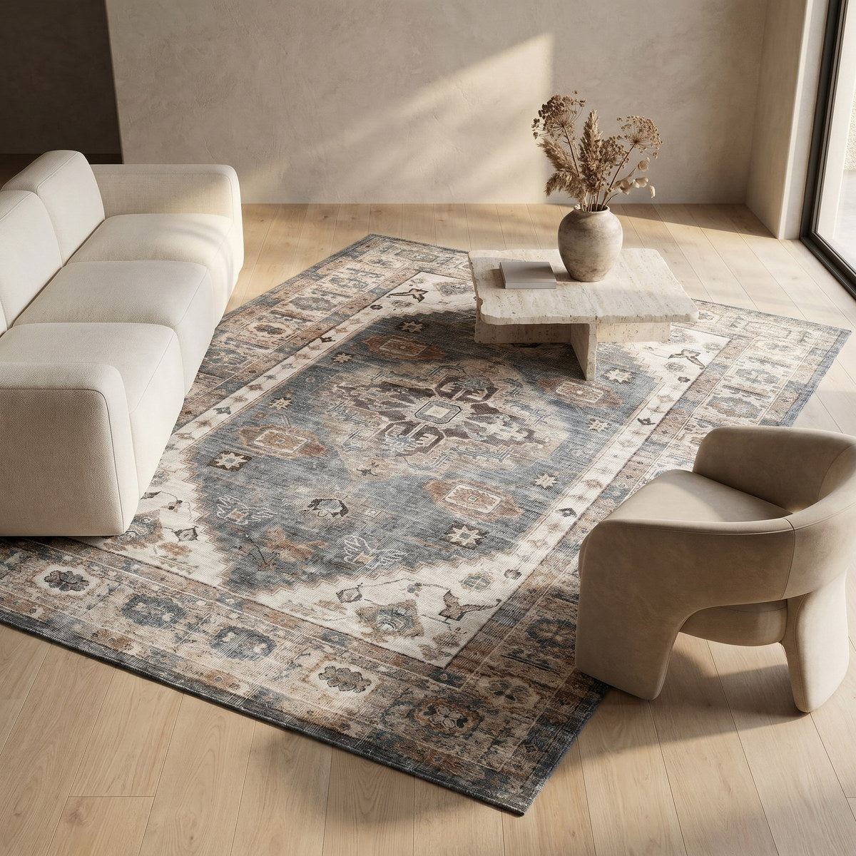 Tapis lavable vintage beige - Riviera - ambiance salon 2