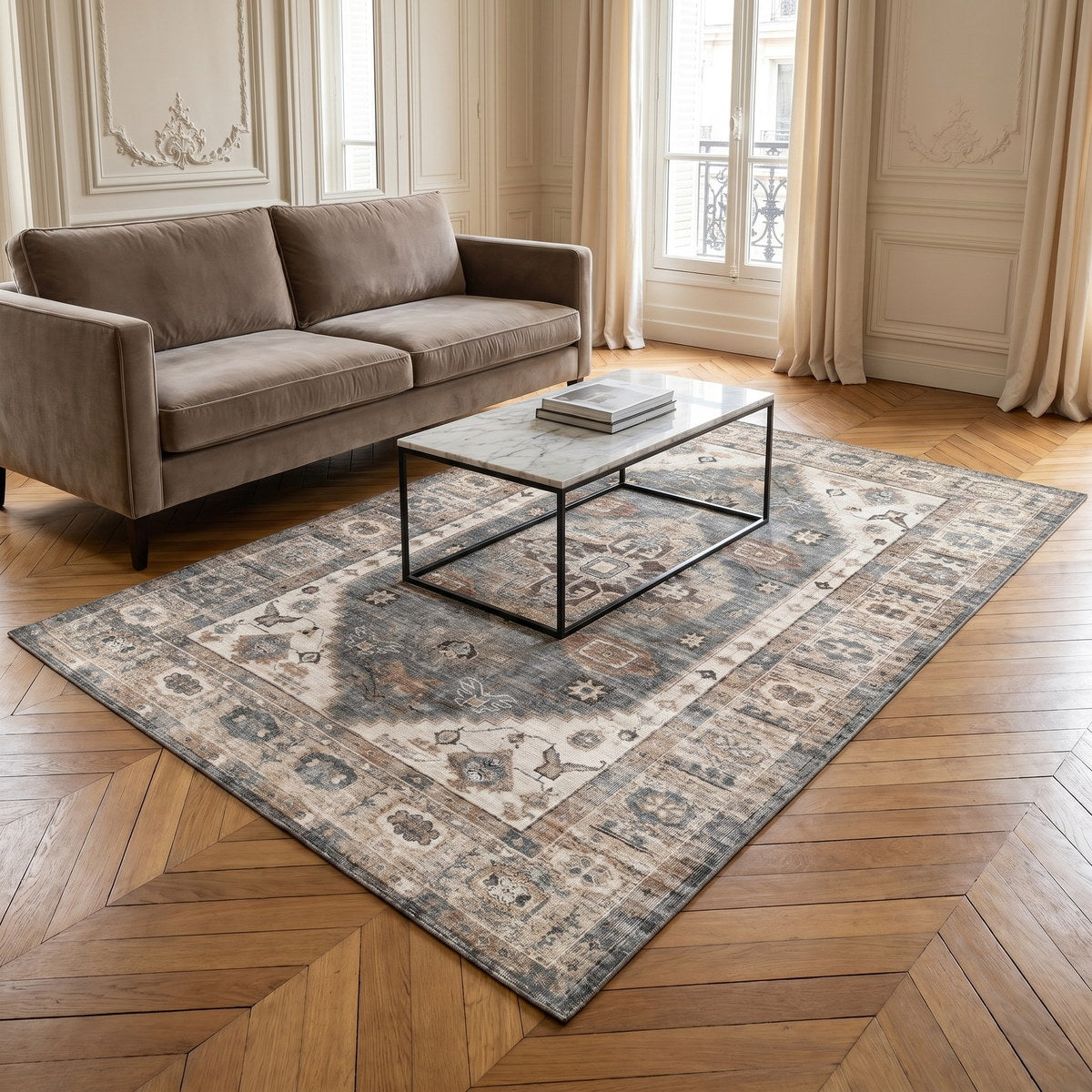 Tapis lavable vintage beige - Riviera - ambiance salon 3