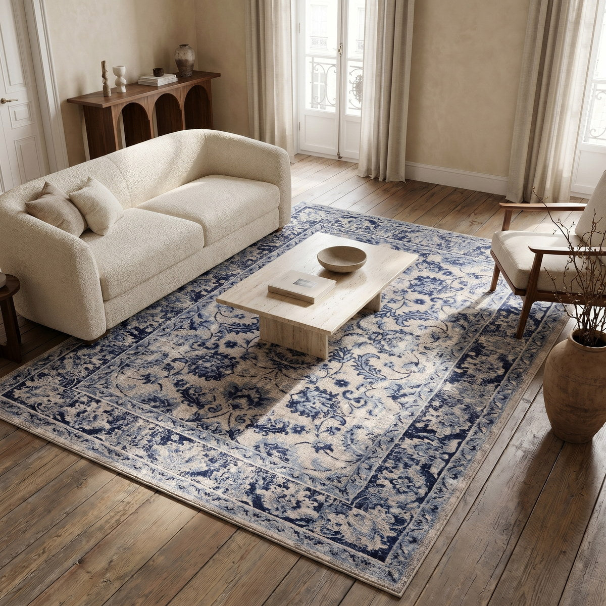 Tapis lavable vintage bleu - Ferrara - ambiance salon 1
