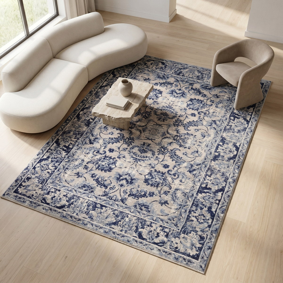 Tapis lavable vintage bleu - Ferrara - ambiance salon 2