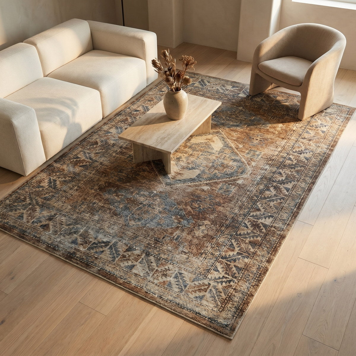 Tapis lavable vintage brun - Palermo - ambiance salon 2