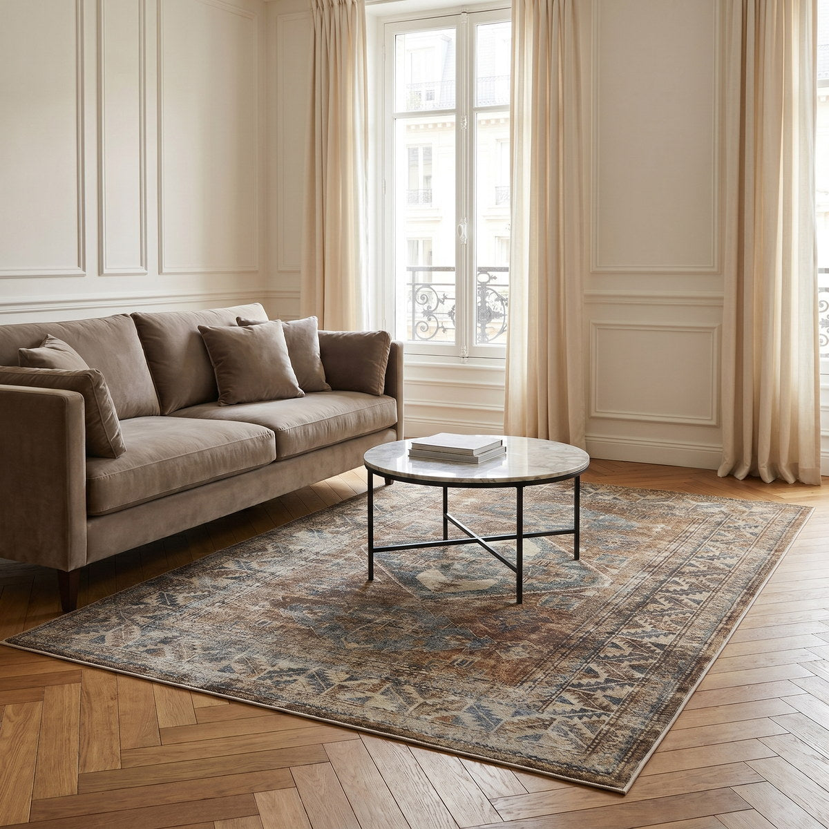 Tapis lavable vintage brun - Palermo - ambiance salon 3
