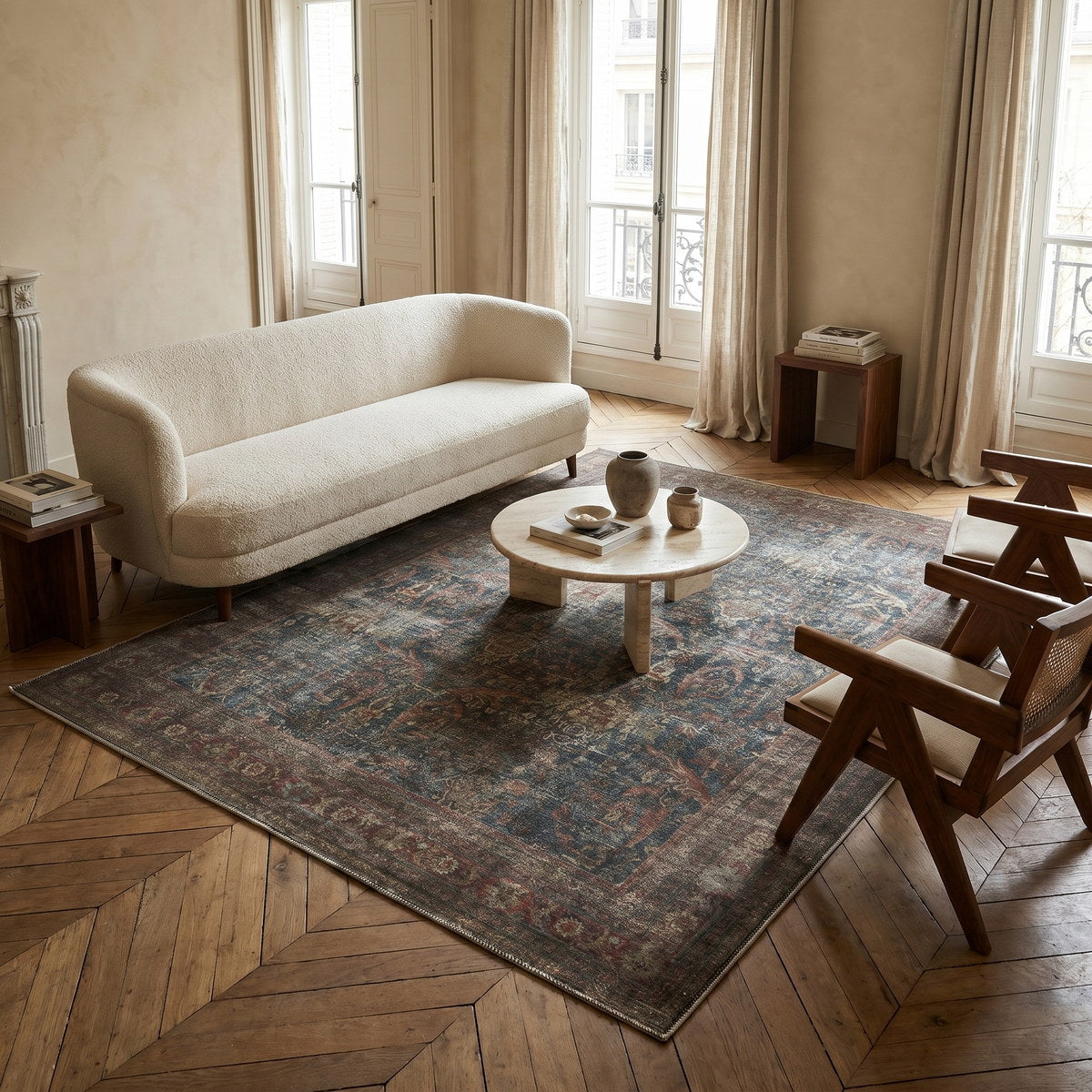 Tapis lavable vintage naturel - Pesaro - ambiance salon 1