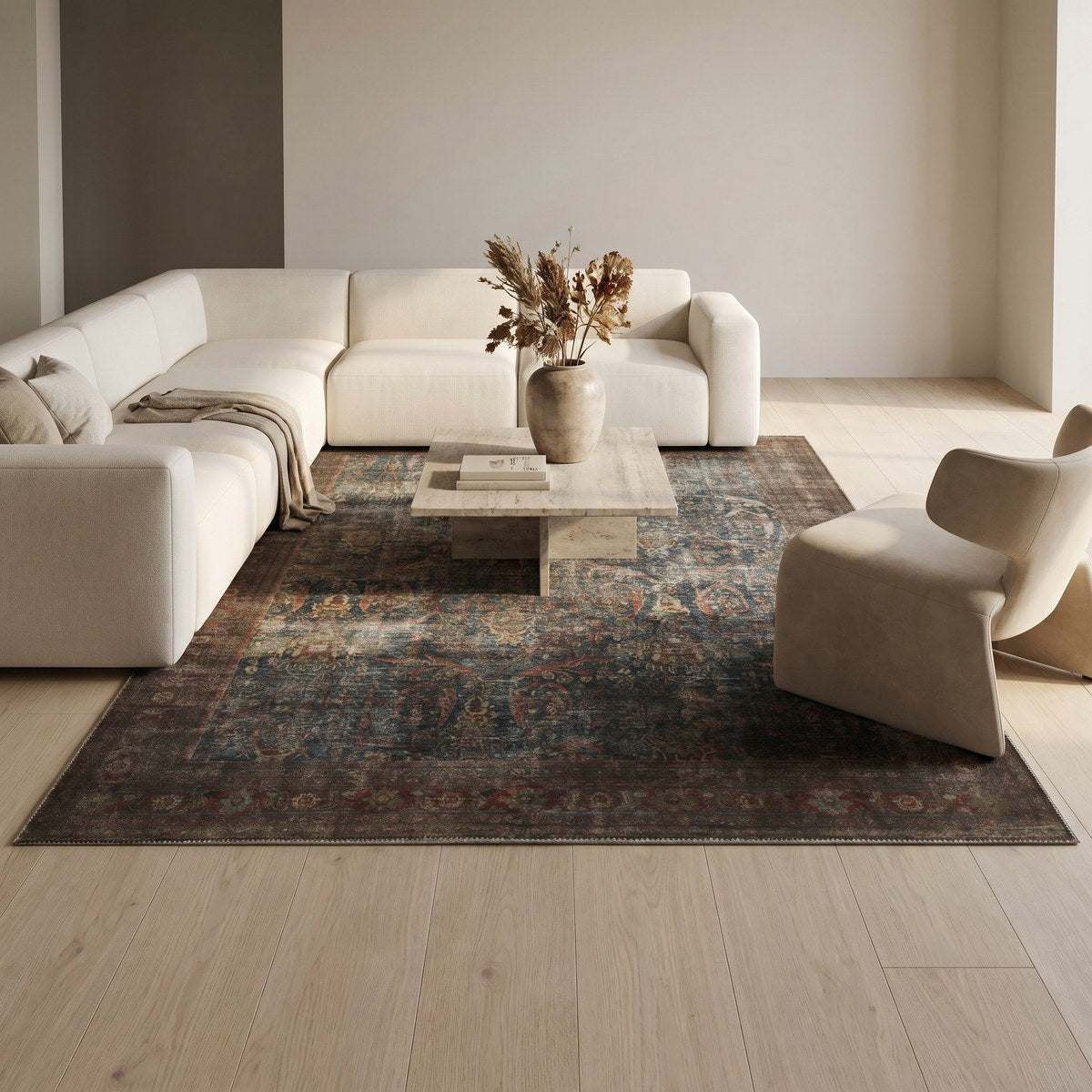 Tapis lavable vintage naturel - Pesaro - ambiance salon 2