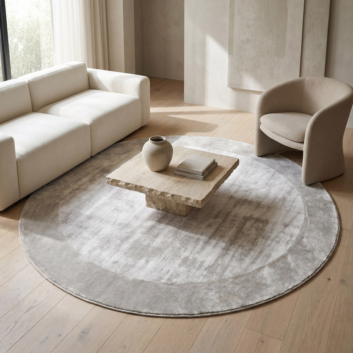 Tapis rond design gris clair - Bari - ambiance salon 2