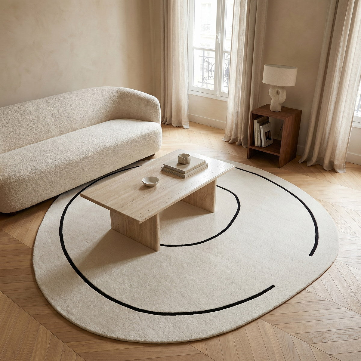 Tapis rond en laine ivoire - Carina - ambiance salon 1