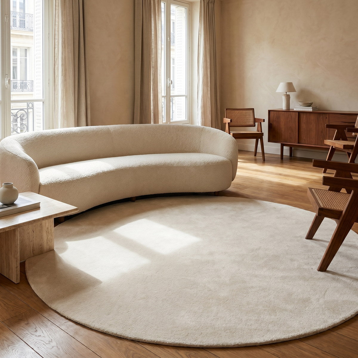 Tapis rond en laine ivoire - Caserta - ambiance salon 1