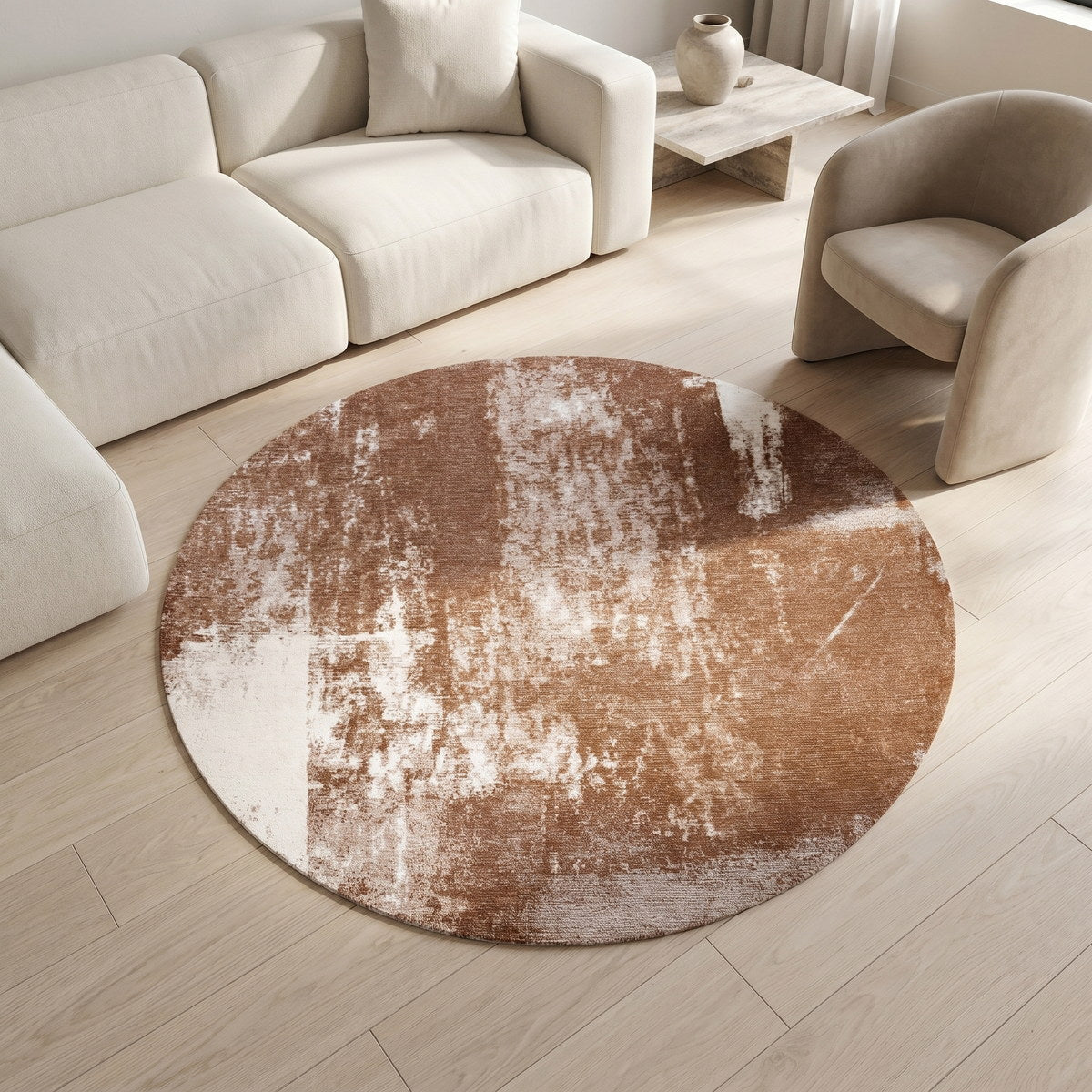 Tapis rond lavable moderne cuivré - Cortina - ambiance salon 2