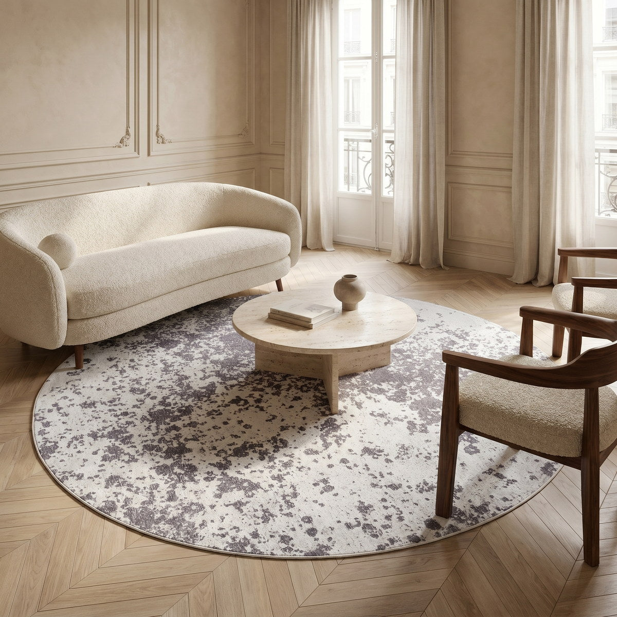 Tapis rond lavable moderne gris clair - Spoleto - ambiance salon 1